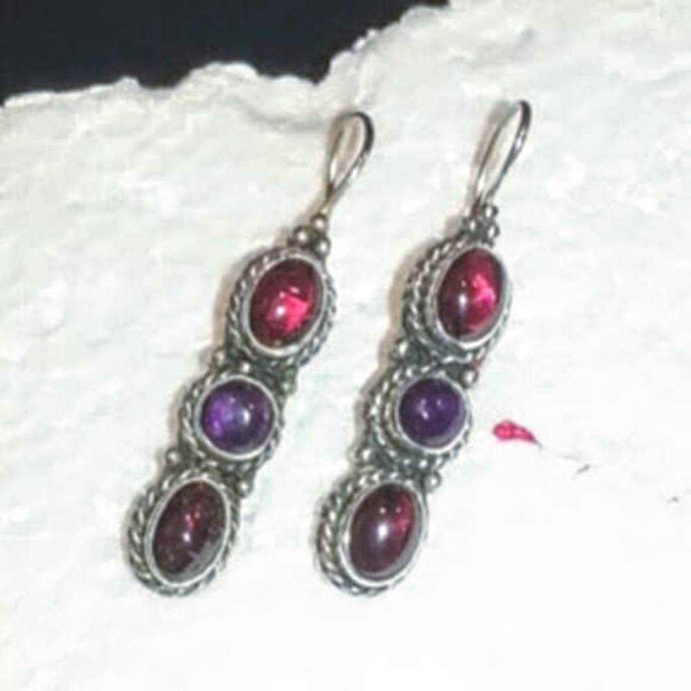Vintage Mexican Amethyst & Garnet Rope Edge Dangle Sterling Earrings 1"